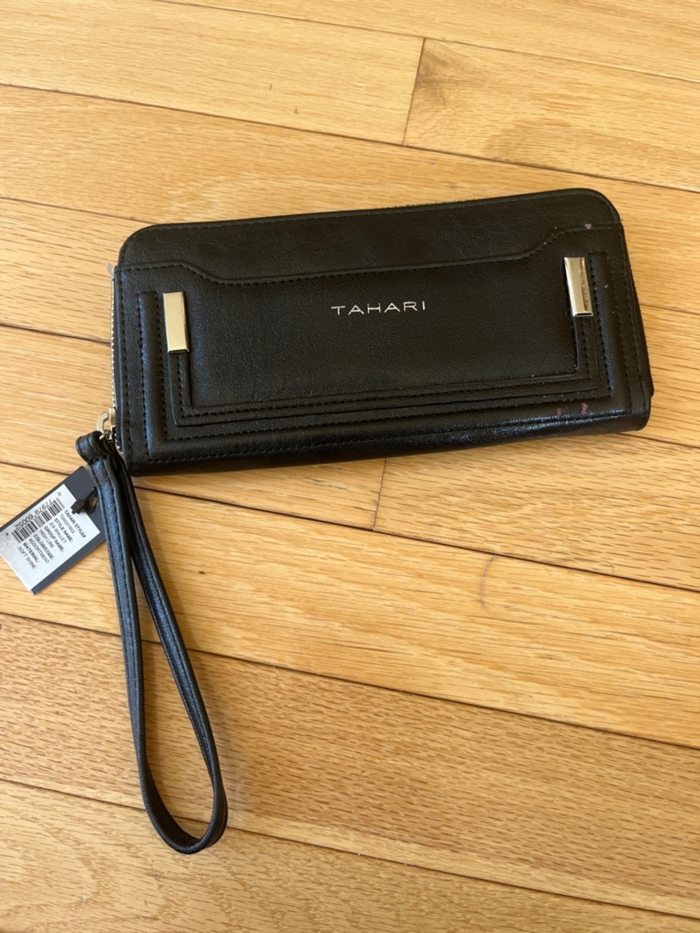 Tahari Black Leather Wristlet Clutch with Silver Accents